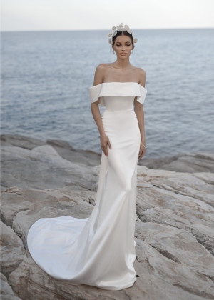Off Shoulder Ivory Satin Minimalist Wedding Dress With Bow